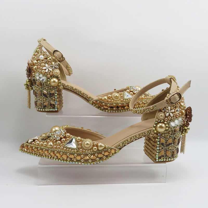 Luxury Champagne Golden Crystal wedding shoes matching bags woman fashion Thick heel Women party dress shoes Pointed Toe shoes