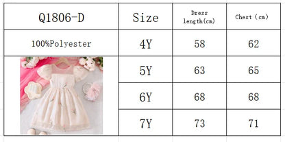 Girls' Summer Bubble Sleeves Mesh Flower Embroidered Princess Skirt Dress