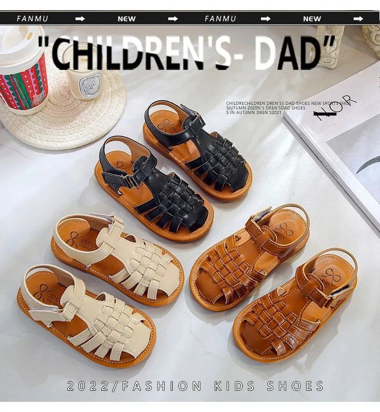 Toddler Sandals for Boys Cut outs Leather Shoes 2026 Summer Brand New Gladiator Sandals Weave Baby Boy Beach Shoes Flats H05096