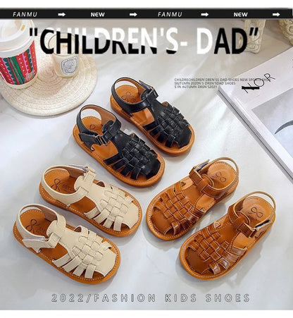 Toddler Sandals for Boys Cut outs Leather Shoes 2026 Summer Brand New Gladiator Sandals Weave Baby Boy Beach Shoes Flats H05096
