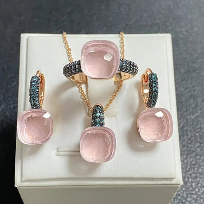 3Pcs Gun Black Plated Blue Zircon Jewelry Set for Women Includes Ring Earrings Necklace Elegant Crystal Blue Topaz Matching Gift