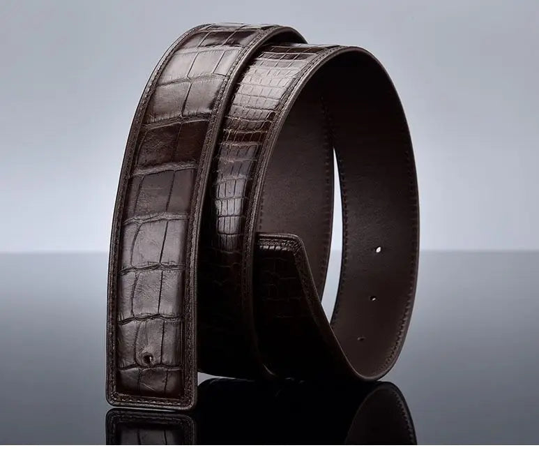 3.8 wide punched men's cowhide leather belt, high-end fashion trend crocodile pattern genuine leather belt without buckle durabl