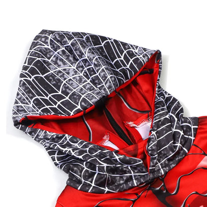 Kids Red Venom Spider Costume with Mesh Mask Zipper Hooded Jumpsuit for Halloween Party Cosplay Mardi Gras Performance Costume