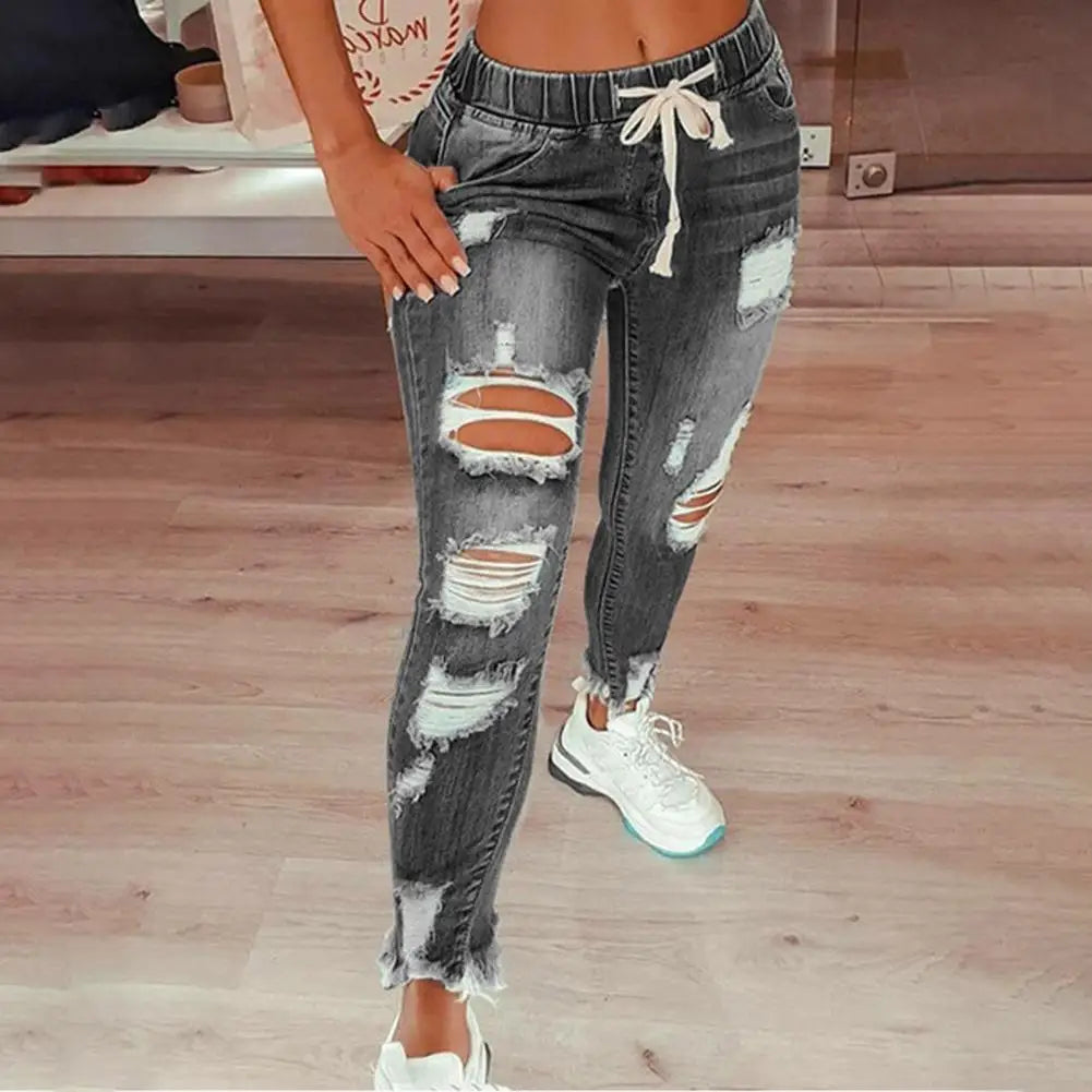 Stretchy Ripped Hole Jeans Women Straight Denim Trousers