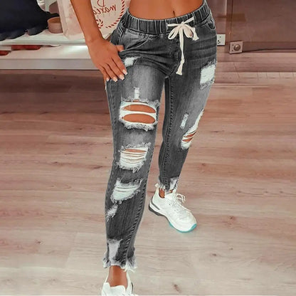 Stretchy Ripped Hole Jeans Women Straight Denim Trousers