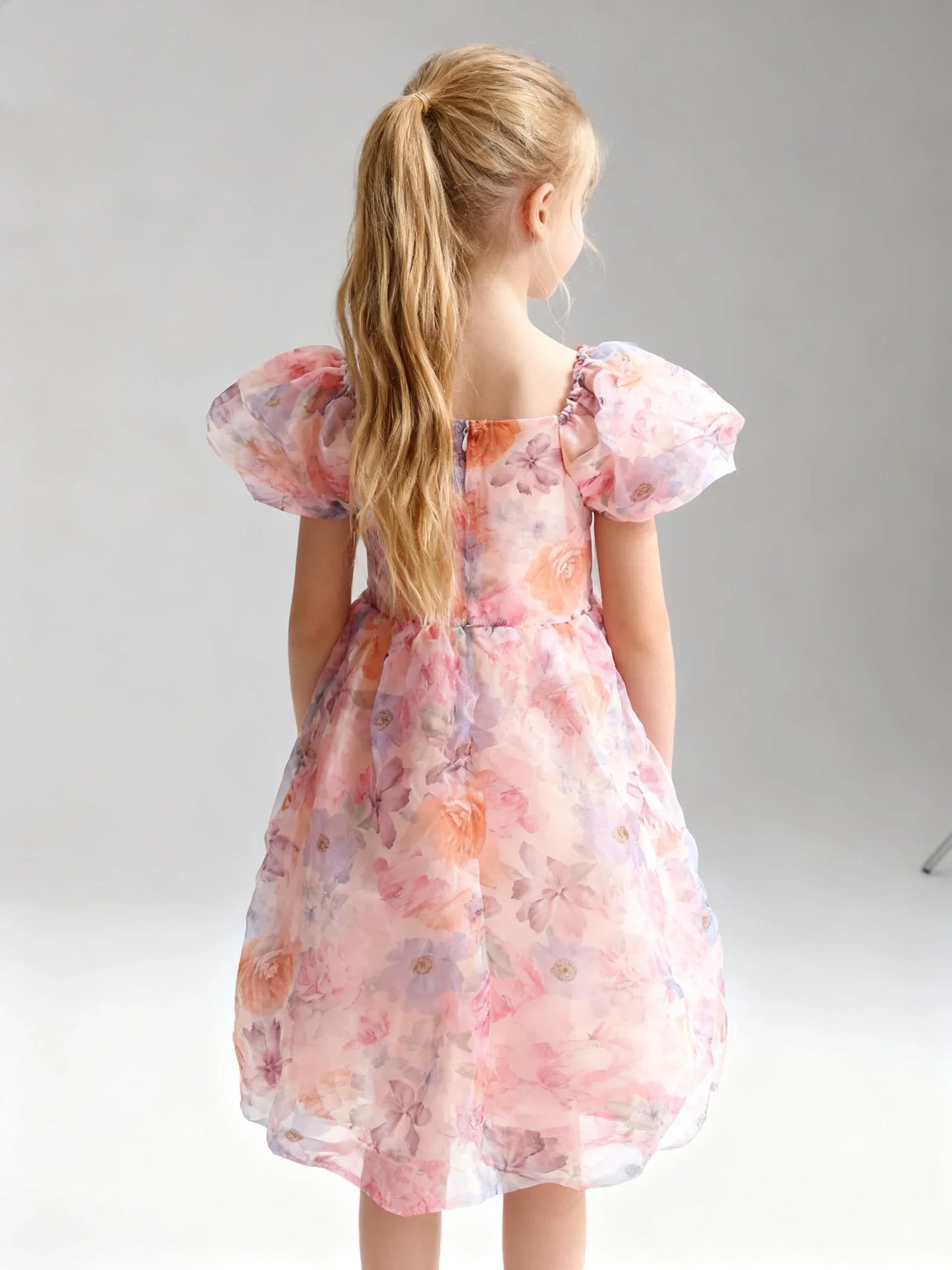 Summer New Girl Bubble Sleeve Colorful Flower Printed Princess Dress Cute Fashion Dress