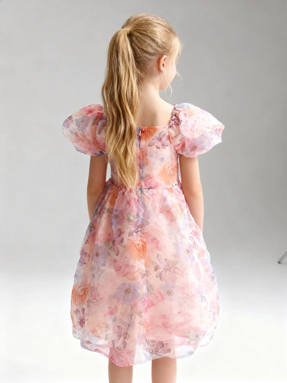Summer New Girl Bubble Sleeve Colorful Flower Printed Princess Dress Cute Fashion Dress