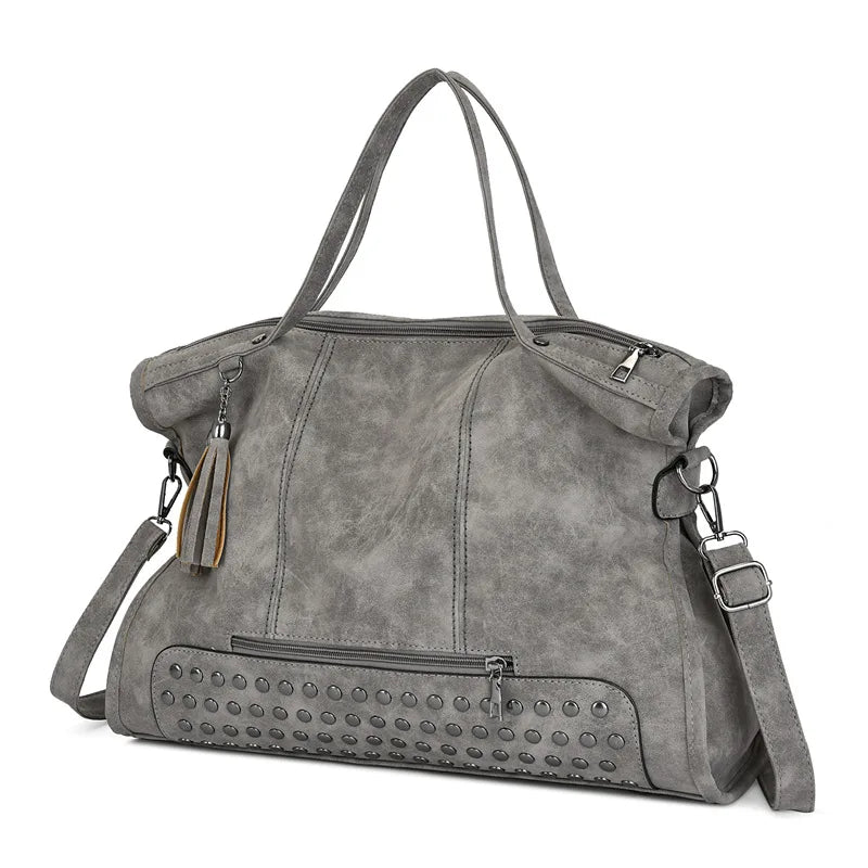 Vintage Designer Luxury Women Tote Bag Casual Lage Capacity Handbags Fashion Rivet Tassel PU Leather Female Shoulder Bag