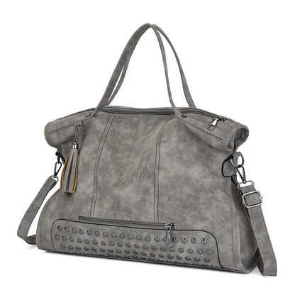 Vintage Designer Luxury Women Tote Bag Casual Lage Capacity Handbags Fashion Rivet Tassel PU Leather Female Shoulder Bag