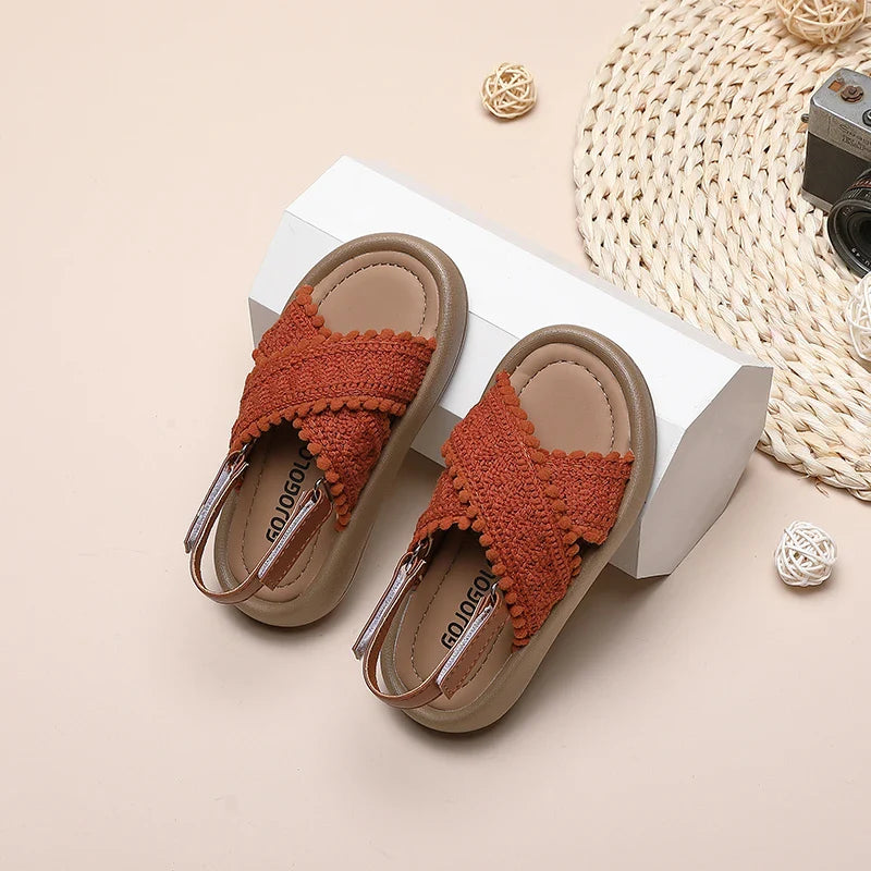 Girls Summer Beach Shoes Ethnic Style Kids Casual Sandals Soft Sole Fashion Children Retro Princess Shoes 2026 Summer New 21-37