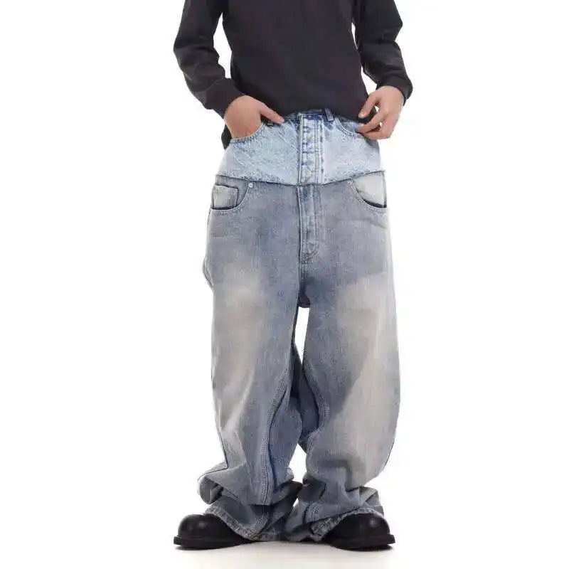 Niche Colorblock Patchwork Wide Leg Blue Jeans Men's Spring 2025 New Straight Double Waist Design Denim Trousers 28W6048
