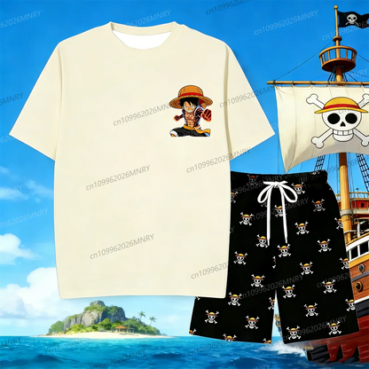 Anime Skull Character Sleepwear One Piece Luffy 2 piece Set men T-Shirt Shorts for Men's Shirts Woman t-shirts Summer Kids Set
