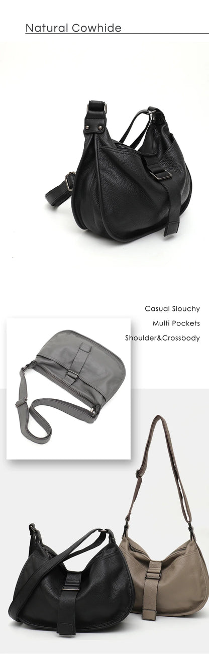 Women Design Style Genuine Leather Shoulder Bag Multi Pockets Casual Daily Slouchy Preppy Chic Handbag Messenger Satchel Purse