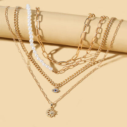Classic Pendant Necklace for Women Micro Zircon Turkish Lucky Evil Eyes Palm Cross Pearl Multilayer Metal Chain Choker Jewelry