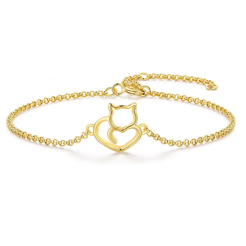 100% 925 Sterling Silver Cat And Heart Link Chain Bracelets & Bangles for Women Authentic Silver Jewelry Gift 3 Colors