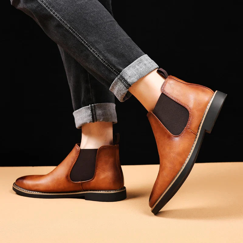 39~47 Men Chelsea Boots Brand Retro Comfortable PU Leather Ankle Boots Men 2025 Fashion Black Brown Mens Boots