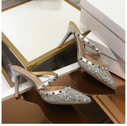 2025 New Genuine Leather Gladiator Pumps Sandals Luxury Metal Rivets Summer Women Outdoor Slippers Black Fashion High Heels 41