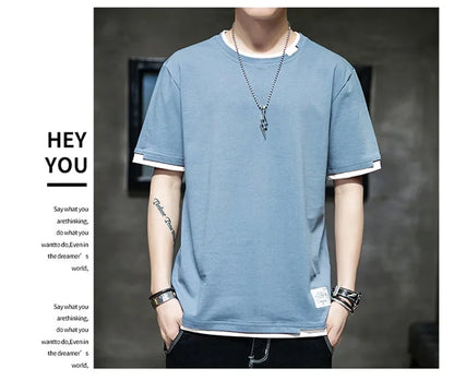 Classic Fake Two Short Sleeved Men's Pure Cotton T-shirt, Men's Summer Men's Interior Matching Trendy Brand T-shirt