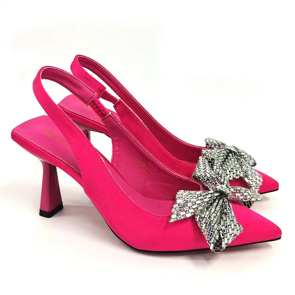 Italian Design Elegant Fuchsia Bow Rhinestone Pumps with Pointed Toe for Women 2024 Party Shoes and Bags Matching Set