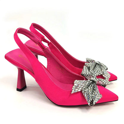 Italian Design Elegant Fuchsia Bow Rhinestone Pumps with Pointed Toe for Women 2024 Party Shoes and Bags Matching Set