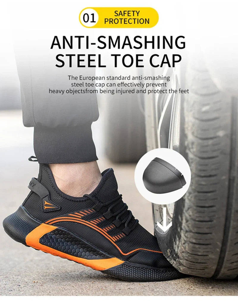 Men's Safety Shoes Anti- Crush Steel Toe Puncture Resistant Kevlar Lightweight Breathable Upper Slip-On Work Shoes