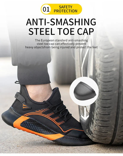 Men's Safety Shoes Anti- Crush Steel Toe Puncture Resistant Kevlar Lightweight Breathable Upper Slip-On Work Shoes