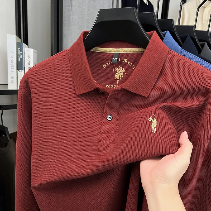 2025 New Cotton Long Sleeved T-shirt for Men, High End Embroidered Little Horse Logo Fashion Autumn/Winter Polo Top