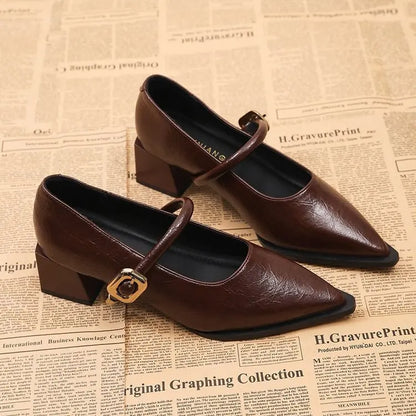 All-Season Women's Chunky Heel Mary Jane Flats - Patent Leather Shallow Cut High Heels,  Metal Buckle Decor Commuter Shoes