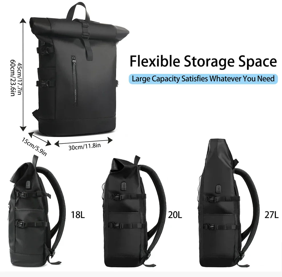 Heroic Knight Men's backpack Waterproof Roll Top Backpack Women Travel Expandable USB Charging Large Capacity Laptop Bag Mochila
