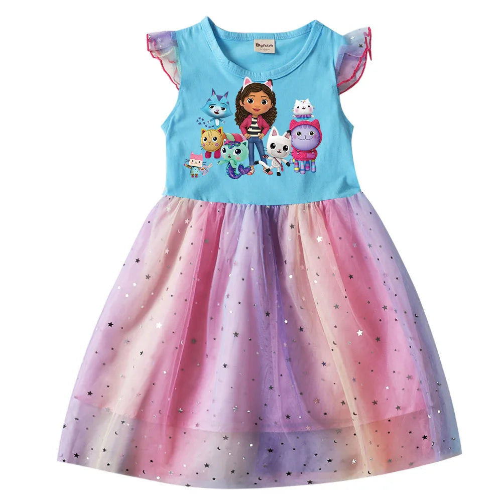 Kids Gabby's Dollhouse Cats Princess Dress Summer Casual Girls Rainbow Mesh Dress Children Carnival Wedding Birthday Party Dress