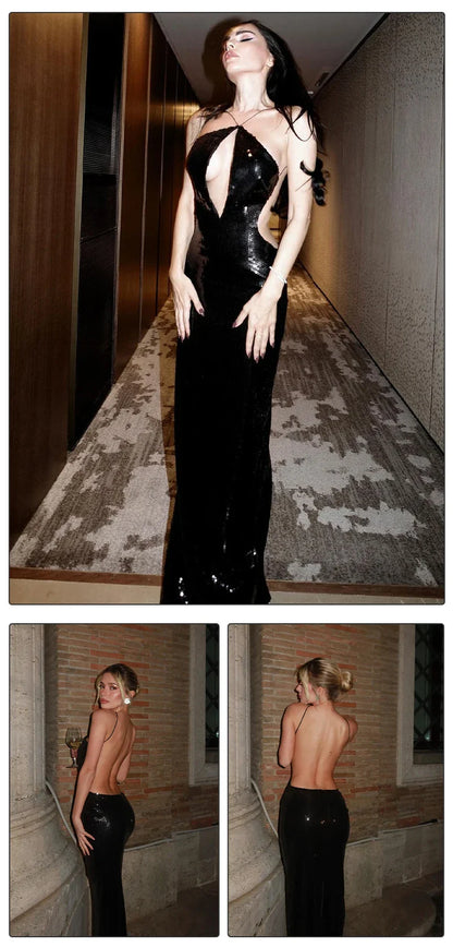 Women'S Gold Sequins Luxury Party Gown Sexy Backless  Long Dress For Wedding Banquet Party Female Clothing