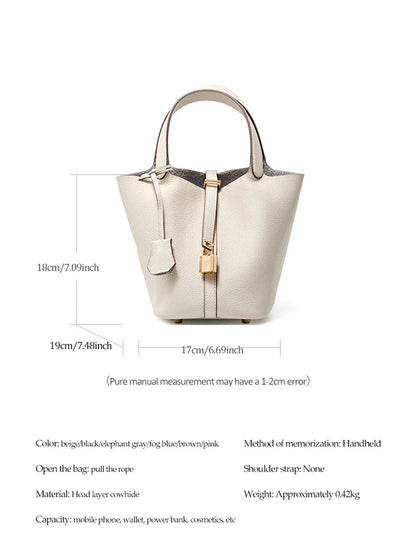 2025 Casual Fashion Female Genuine Leather Bucket Bag Luxury Handbag High-End Tote Bag Woman Cow Leather Mommy Bag & Metal Lock