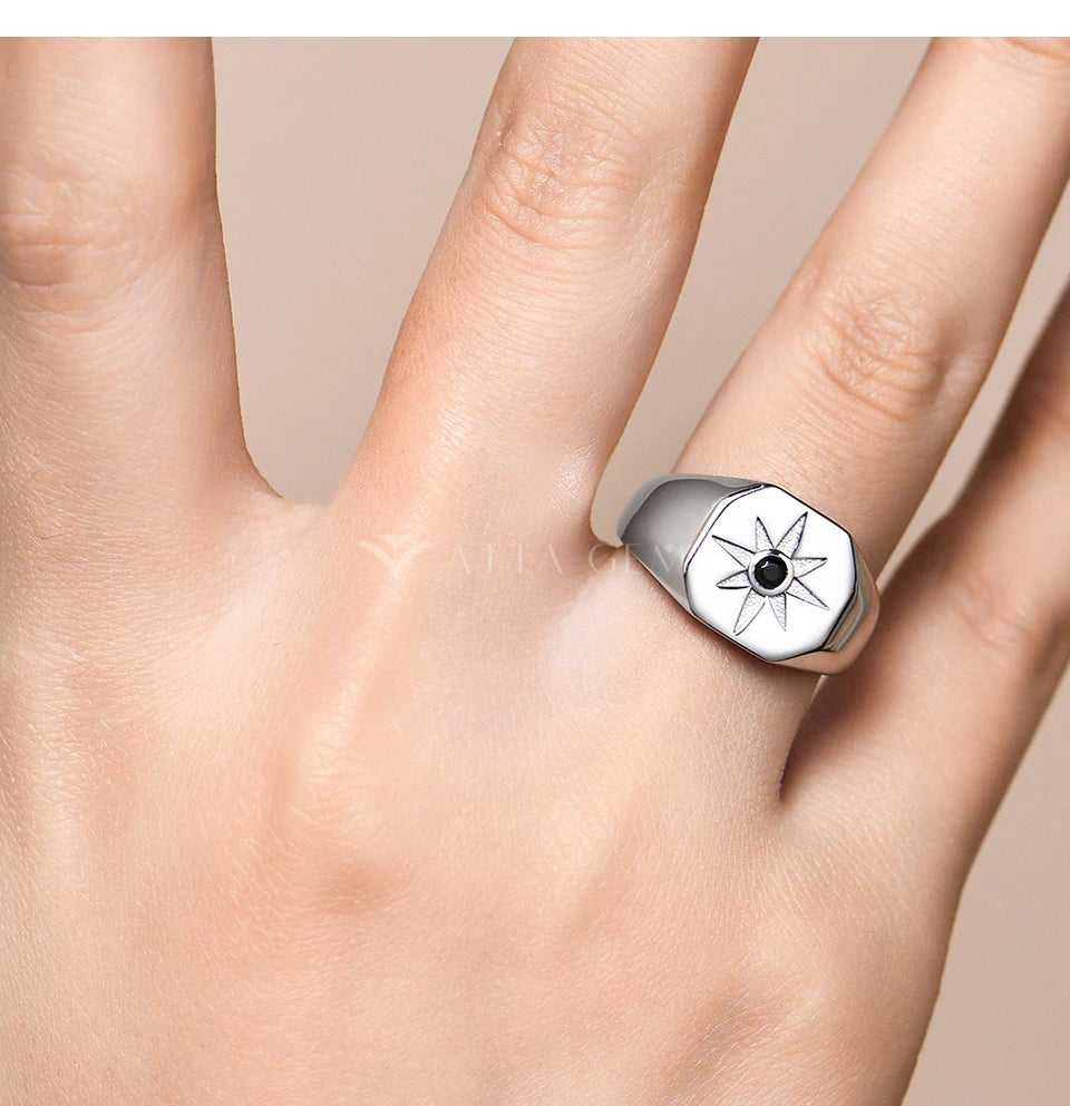 Vintage 8-Pointed Star Signet Ring for Men S925 Sterling Silver Black Spinel Women Rings Punk Jewelry Gifts for party