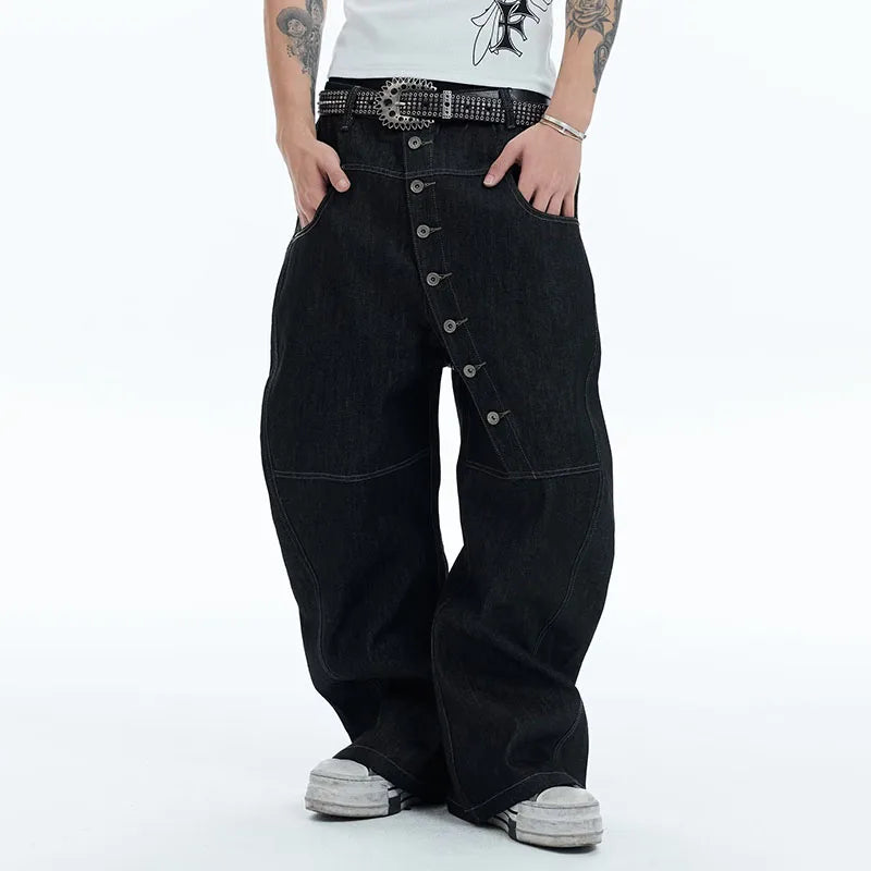 Y2K High Street Buckle Curved Jeans Wide Leg Pants Autumn Men'S Loose Straight Leg Pants Black Korean Casual Pants Hip-Hop Pants