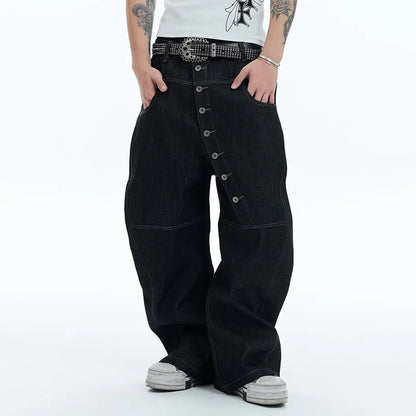Y2K High Street Buckle Curved Jeans Wide Leg Pants Autumn Men'S Loose Straight Leg Pants Black Korean Casual Pants Hip-Hop Pants