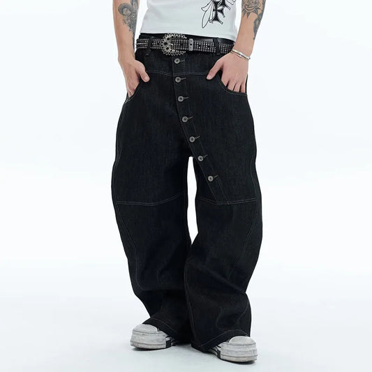 Y2K High Street Buckle Curved Jeans Wide Leg Pants Autumn Men'S Loose Straight Leg Pants Black Korean Casual Pants Hip-Hop Pants