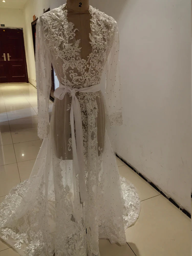 Pearls Appliques Long Sleeve Wedding Robe Jacket Robe Party Shawl BOLERO Bridal Cape Crystal Beaded Long Wedding Coat Customized