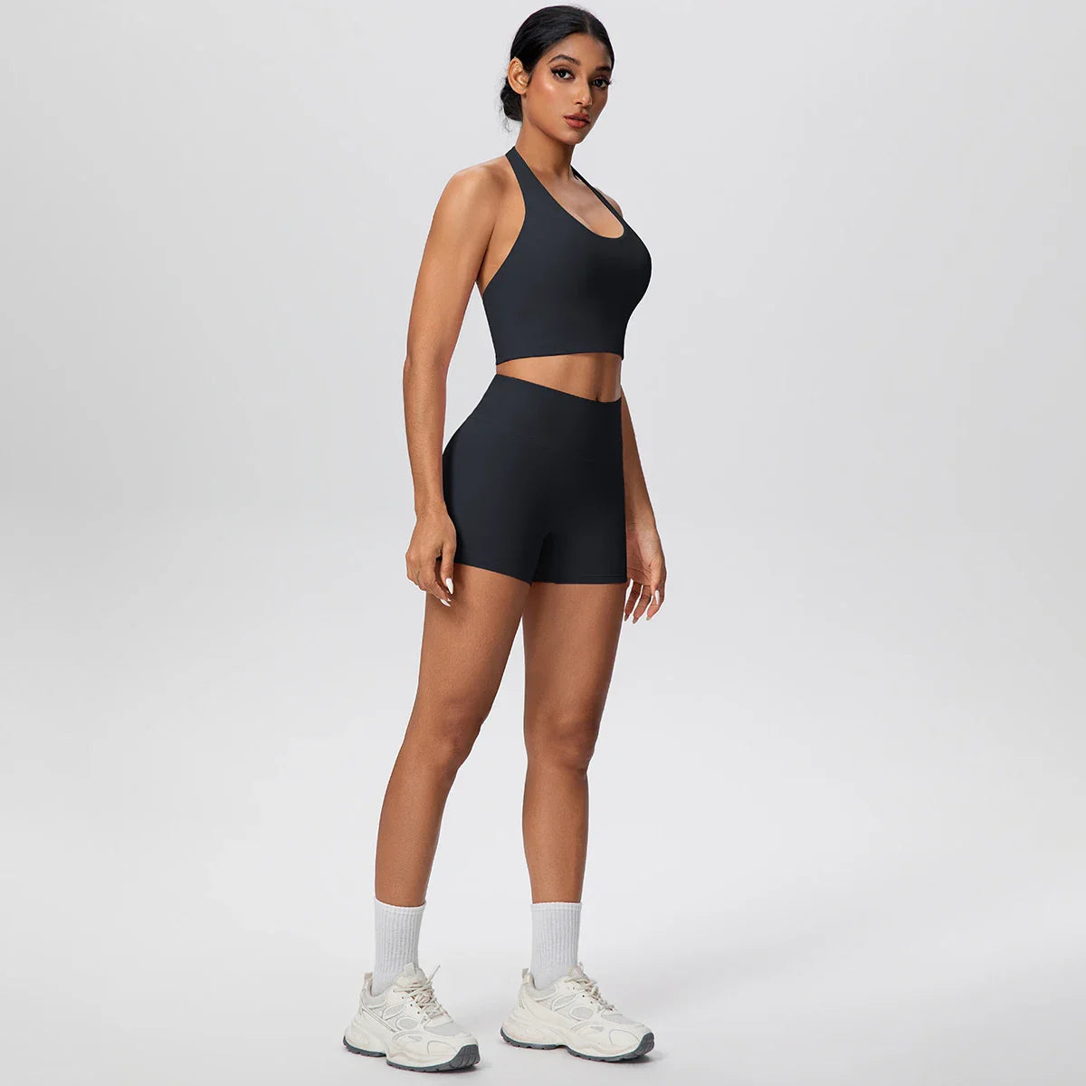 2picese Women Yoga Suit Solid Color High Waist Hip Push Up Fitness Shorts Sexy Pilates Backless Gym Hanging Neck Bra Yoga Set