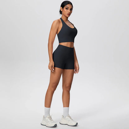 2picese Women Yoga Suit Solid Color High Waist Hip Push Up Fitness Shorts Sexy Pilates Backless Gym Hanging Neck Bra Yoga Set