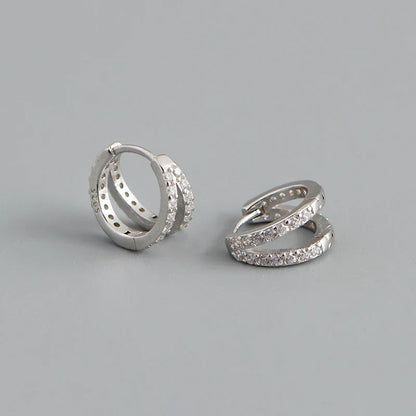 925 Sterling Silver Fashion Luxury Shiny Double Layer Zircon Huggies Hoop Earrings for Women Plated 18k Gold Fine Jewelry