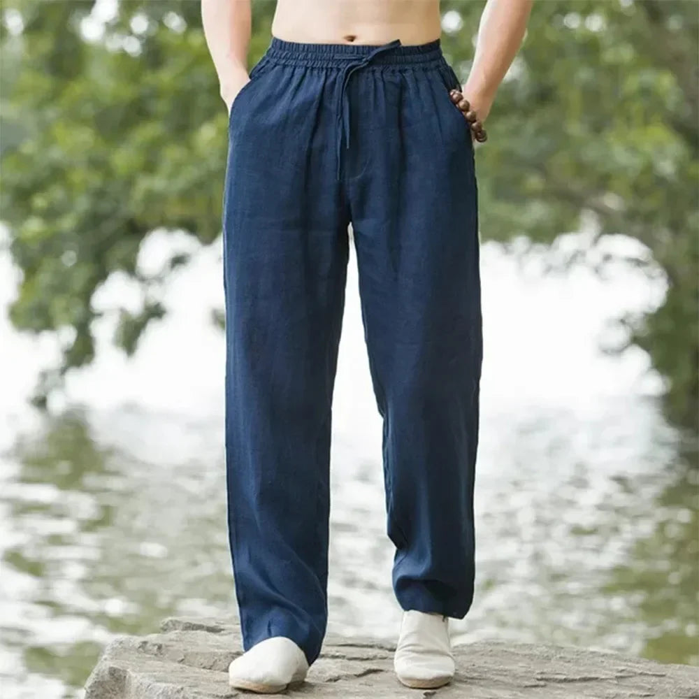 Men's Cotton Linen Pants Loose Cool Casual Long Pants Elastic Waist Long Pant Casual Large Size Streetwear Lightweight Trousers