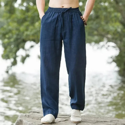 Men's Cotton Linen Pants Loose Cool Casual Long Pants Elastic Waist Long Pant Casual Large Size Streetwear Lightweight Trousers
