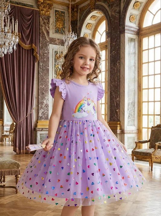 Vestido de verão coreano 2026 para meninas com estampa de unicórnio, manga curta, tule, princesa, roupas casuais infantis para festa na Coreia do Sul