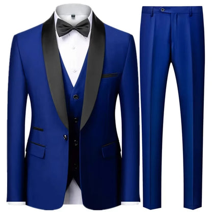 Conjunto Masculino Terno 3 Peças Smoking Um Botão Gola Xale de Cetim Slim Fit Blazer Colete Calças Para Formal Negócios Casamento Noivo