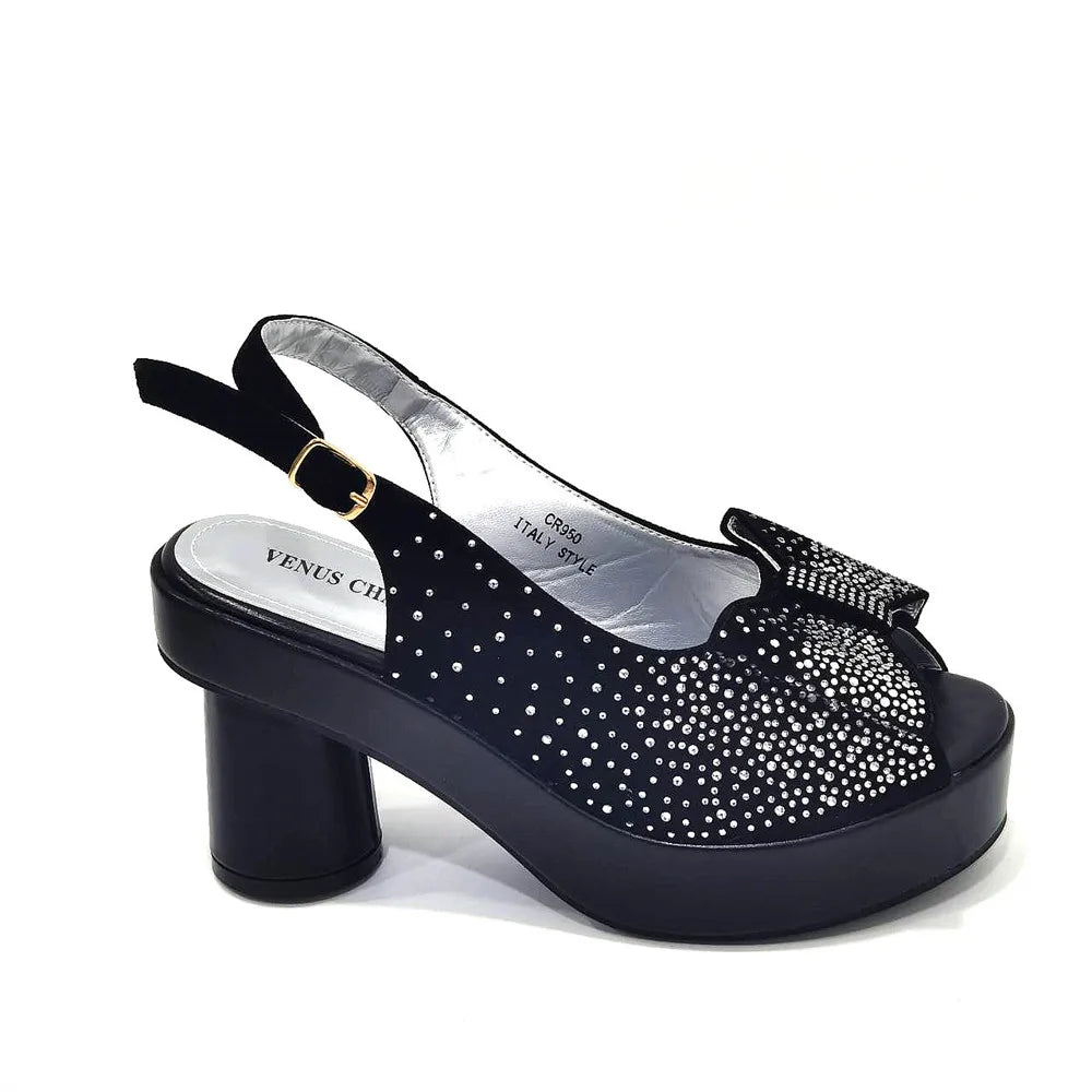 Silver Fashion Square Heels with Platform African Women Shoes and Bag Set Full Crystal Pumps for Wedding Party