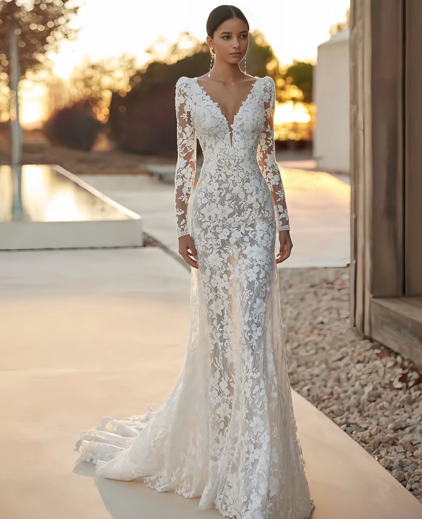 Customzie Sexy wedding dress Lace Semi-transparent long-sleeved Mermaid Wedding dress vestidos de novia