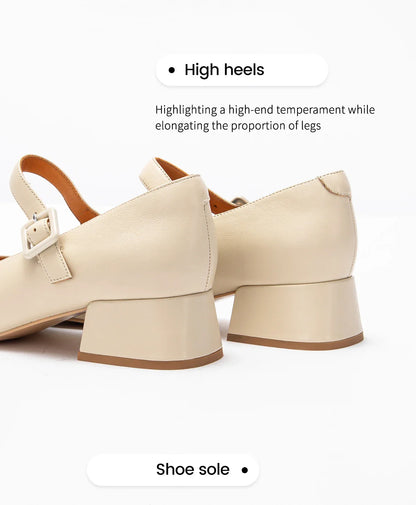 Women's High Heels New High Quality Sheep Leather Women's Shoes Simple Beige Mary Jane Shoes Comfortable