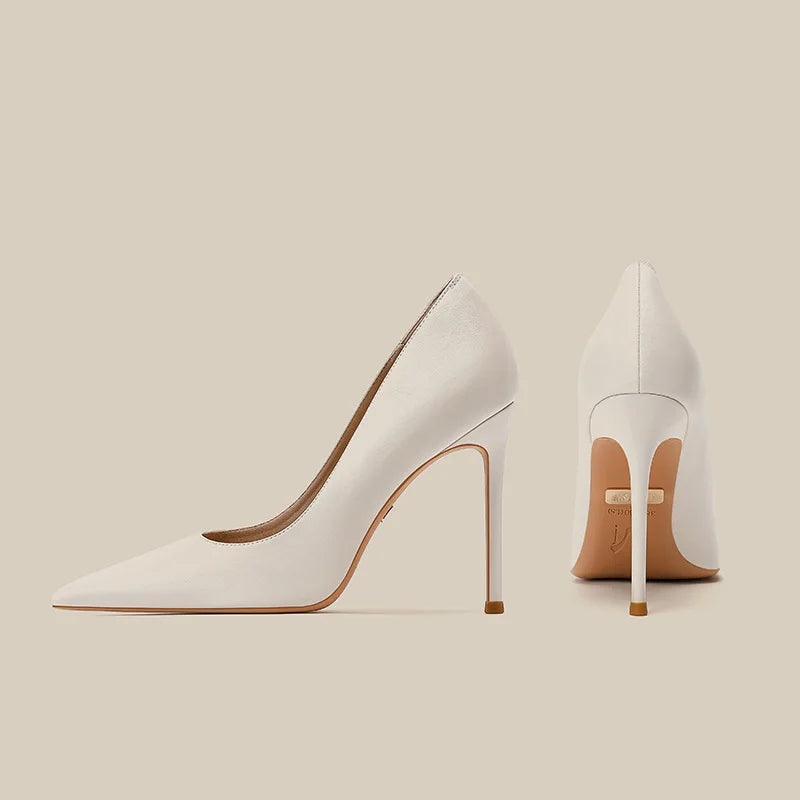 Soft leather high heels for women slim heels with pointed tips new spring and autumn versatile nude professional single shoes