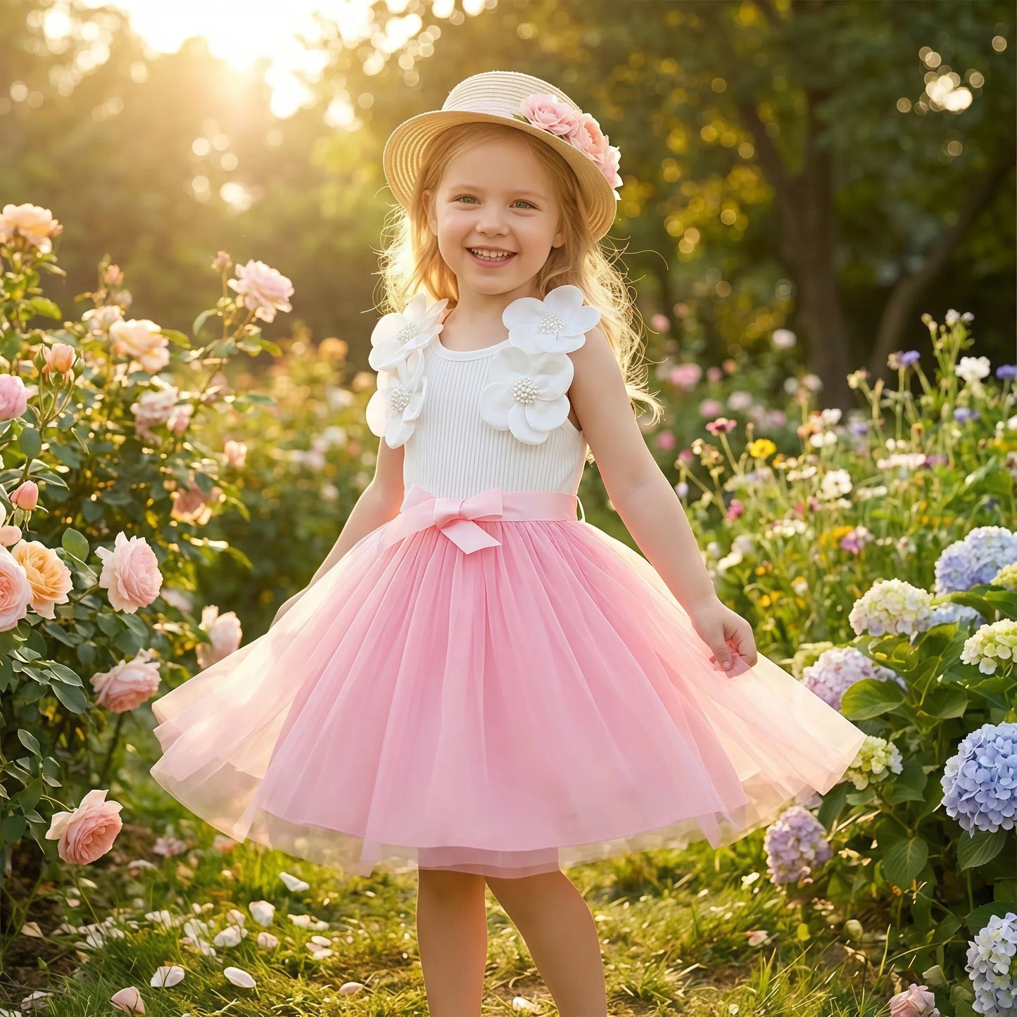 Vestido de Aniversário Infantil Menina Sem Mangas Elegante Flor 3D Tule Princesa Vestido de Verão 3-7 Anos Malha Doce Roupa Presente de Aniversário