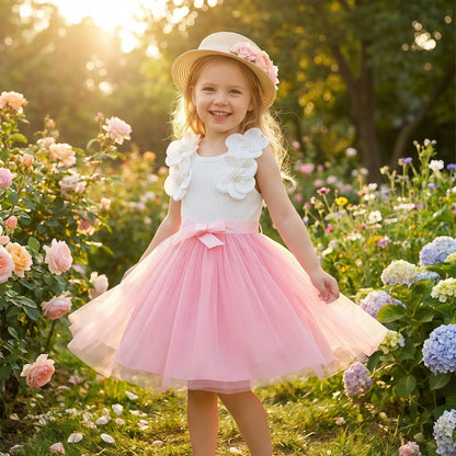 Vestido de Aniversário Infantil Menina Sem Mangas Elegante Flor 3D Tule Princesa Vestido de Verão 3-7 Anos Malha Doce Roupa Presente de Aniversário
